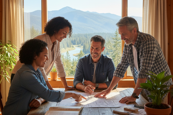 Two couples  going over home plans